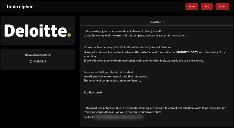 Deloitte Hacked - Brain Cipher Ransomware Group Allegedly Stolen 1 TB of Data